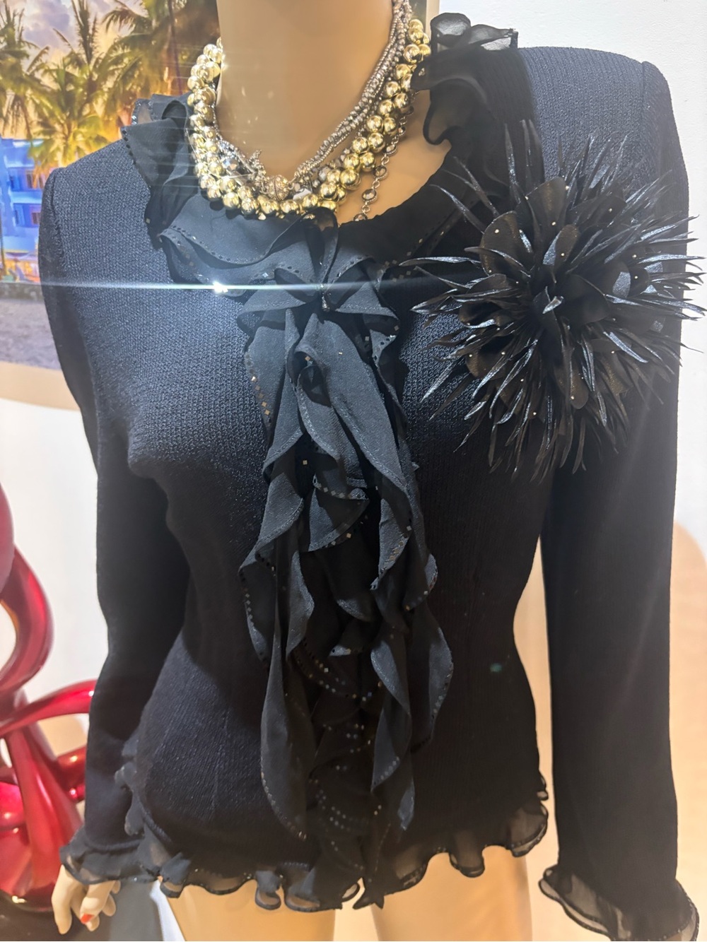 St. John Black Ruffle  Blazer Jacket elegant 8 frills embellished